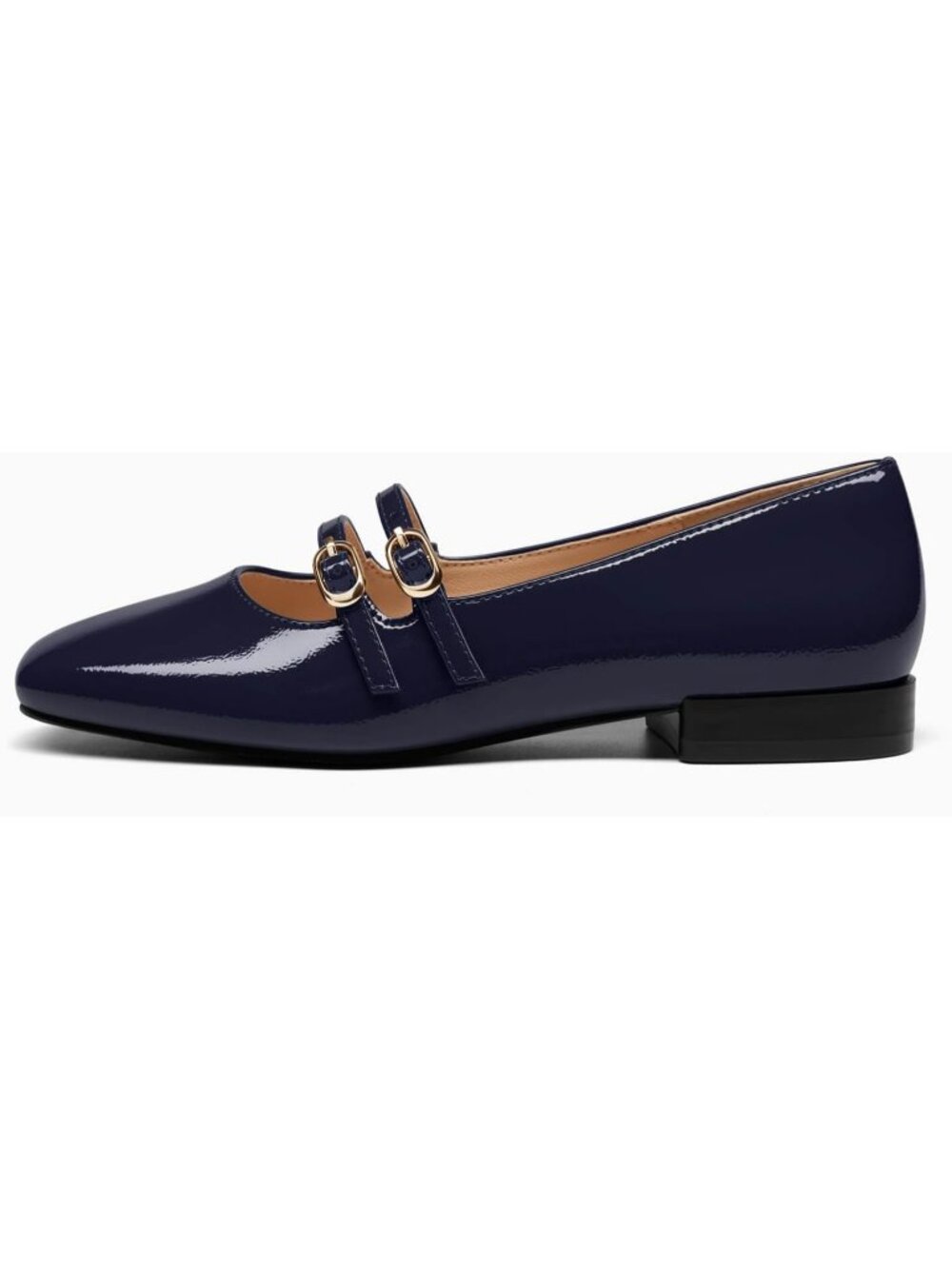 Women's Navy Faux Leather Square Toe Flats Double Strap Buckle Slip On Shoes - Picture 6 of 6